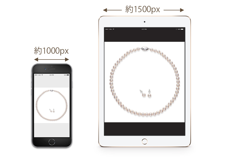 特徴3の補足図。スマートフォン、タブレットのディスプレイサイズを示すことで、真珠の写真サイズが十分に活用できることを表す図。