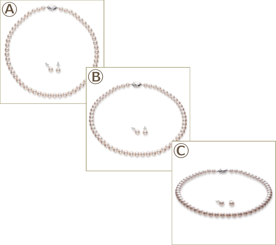 特徴6の真珠ネックレス、ピアスを見る角度を変えたA、B、Cの3パターンの図。
