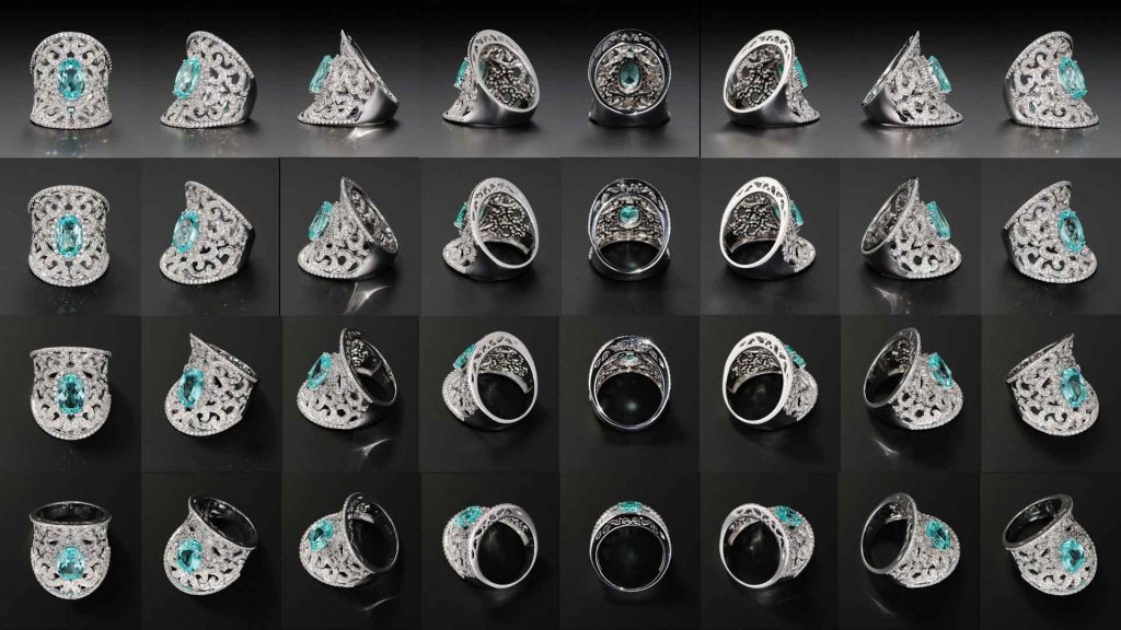 360view-マルチアングル‐トップページ画像‐パライバトルマリンのリングを360度回転して、さらにリングを上方向から見ることができるマルチアングルタイプ。