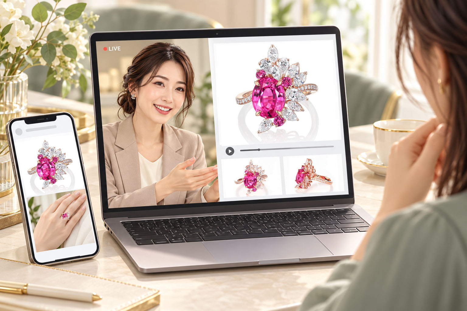 商品写真と着用イメージを掲載したSNS画面、および担当者が商品写真・動画を見せながら説明するオンライン接客の活用イラスト
